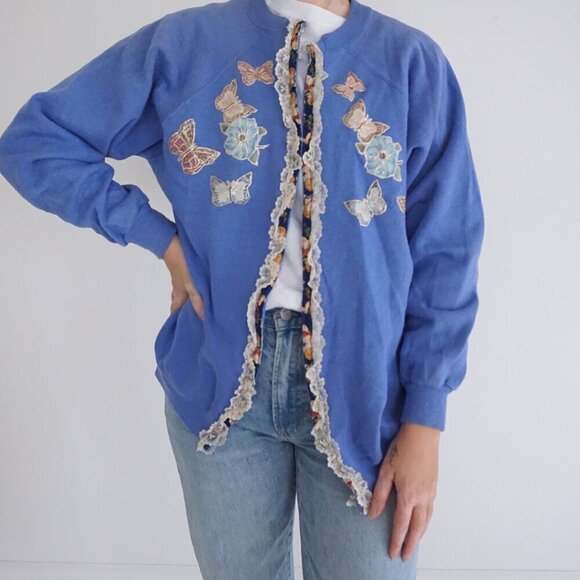 Sweaters - Vintage Hanes Her Way Blue Butterfly Lace Design Cotton Blend Sweater Cardi  Xl